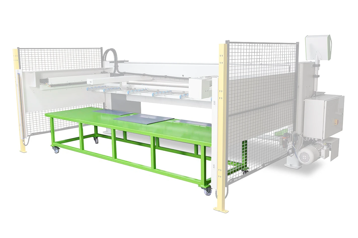 mottagarvagn med klippt plåt på mot vit bakgrund