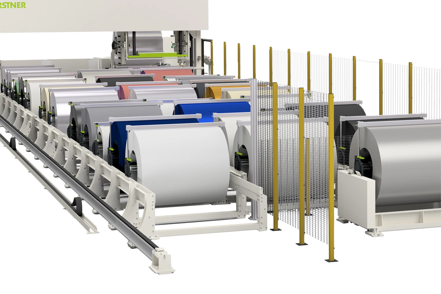 coillagringsskenor för förvaring av coil i en coilfarm mot vit bakgrund