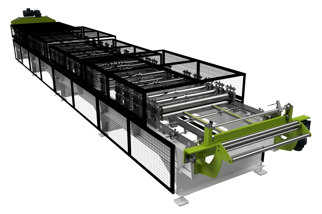 rullformningsmaskin för olika plåtprofiler mot vit bakgrund