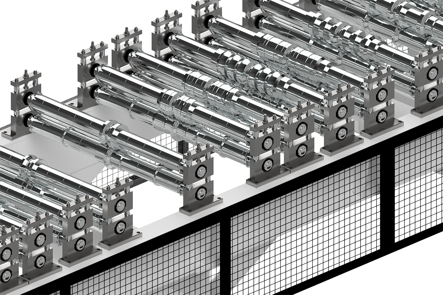 kormade verktygsstationer i en rullformningsmaskin mot vit bakgrund