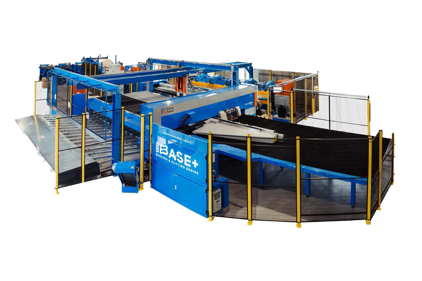 komplett anläggning för plåtprofiltillverkning med stans mot vit bakgrund